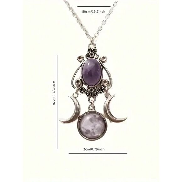 Boho Silver Moon Goddess Necklace Oval Prple Amethyst Pendant Celestial Filigree - Picture 2 of 3